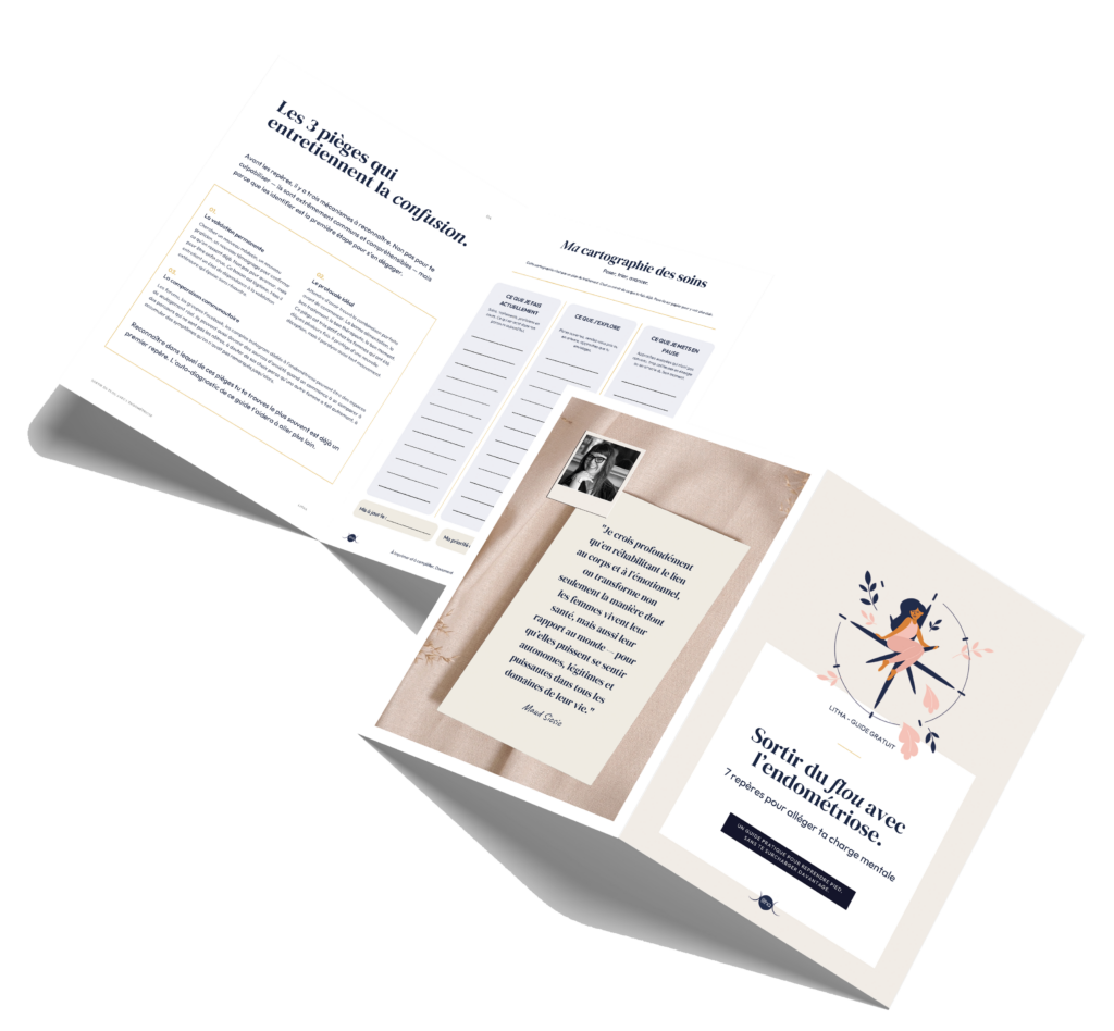 image du guide gratuit Sortir du flou avec l'endométriose, aperçu de trois pages intérieures