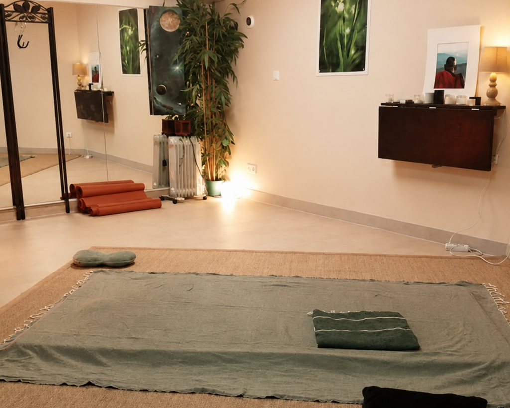 Espace de soin au sol avec tapis, coussins, plantes et lumière chaude dans le cabinet LITHA à Paris.